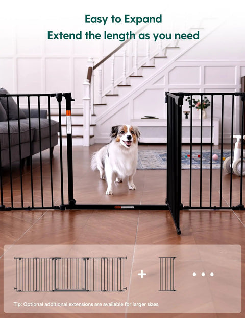 Heavy Duty Rock Solid Extra Wide Baby Gate With Foldable Metal Panels And Oversized Walk Through Door Expands To Fit Large Openings For Kids And Pets No Sweat Setup showing a dog near the gate.