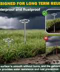 Heavy Duty 8 Gauge Landscape Staples Pins for Weed Barrier Fabric 6 Inch Galvanized Stakes with removal tool in grass.