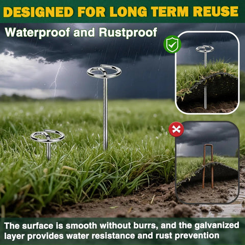 Heavy Duty 8 Gauge Landscape Staples Pins for Weed Barrier Fabric 6 Inch Galvanized Stakes with removal tool in grass.