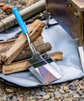 Heavy Duty Wood Stove Ash Shovel With 14.6 Inch Rust Resistant Blade, Stainless Steel Scoop, Blue Handle on Fire Pit Background
