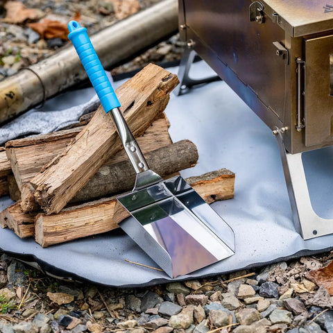 Heavy Duty Wood Stove Ash Shovel With 14.6 Inch Rust Resistant Blade, Stainless Steel Scoop, Blue Handle on Fire Pit Background
