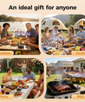 Collage of outdoor scenes with Rechargeable Fly Table Fans With LED Display And Safe Blades used at picnics, parties, BBQs