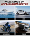 Collage of a ship, car, motorcycle, and truck illustrating use of 4 Pack SPST Toggle Switches On Off 12V DC 30A Heavy Duty Waterproof