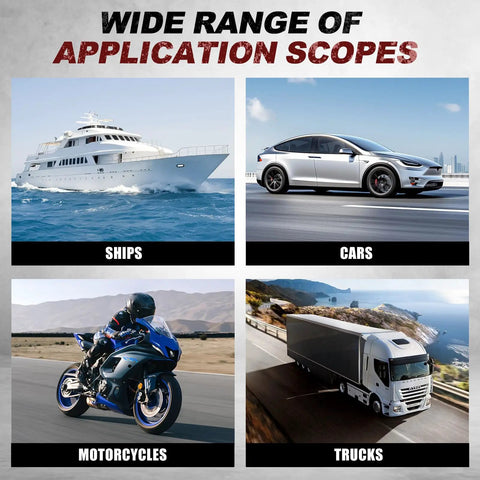 Collage of a ship, car, motorcycle, and truck illustrating use of 4 Pack SPST Toggle Switches On Off 12V DC 30A Heavy Duty Waterproof