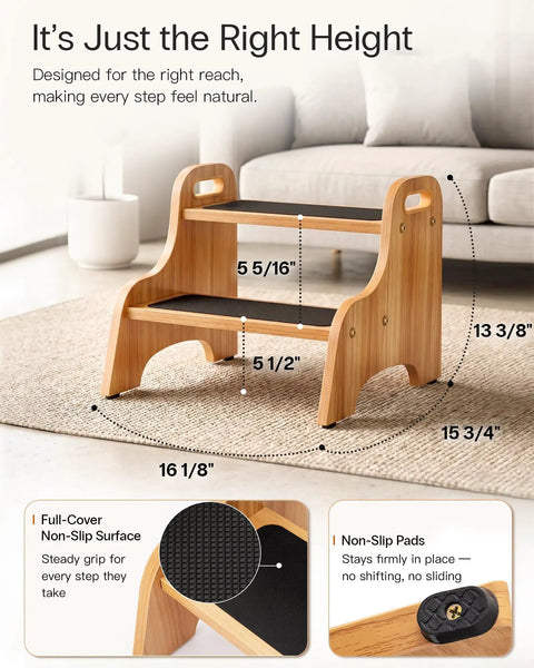 Premium Wooden Two Step Stool Duo Featuring Tough As Nails Build Quality And Wide Non Slip Steps That Handle Up To 350 Lbs Like A Champ For Kitchen And Bath with measurement details.