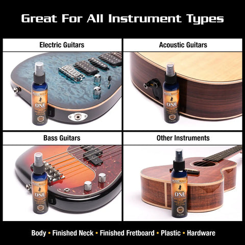 Guitar One All In One Cleaner Polish And Wax For Electric Acoustic And Bass Guitars 4 Oz bottle next to guitars