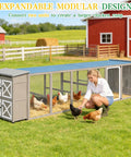 Ultimate Backyard Chicken Coop With Run And Waterproof Cover For 4-6 Chickens shown on a farm with a woman feeding chickens.