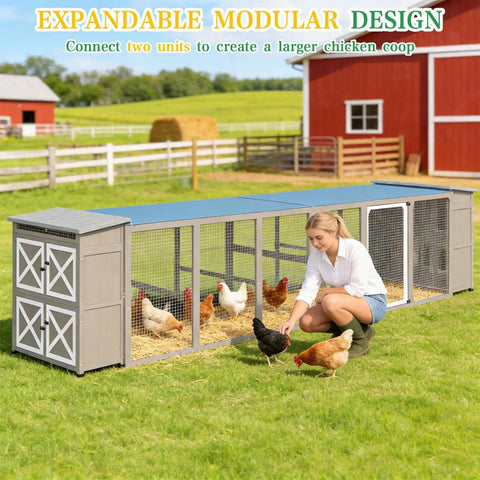 Ultimate Backyard Chicken Coop With Run And Waterproof Cover For 4-6 Chickens shown on a farm with a woman feeding chickens.