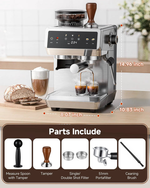 Espresso Machine With Built In Grinder And Milk Frother, 190-201F Temp Control, 44 Grind Settings, Touch Screen, Silver Finish