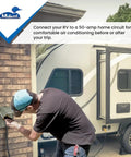 Person connecting RV to Weatherproof Temporary RV Outlet Box With 50A 14-50R Receptacle, 120/240V AC Power Supply outdoors