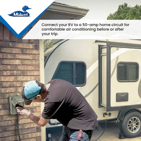 Person connecting RV to Weatherproof Temporary RV Outlet Box With 50A 14-50R Receptacle, 120/240V AC Power Supply outdoors