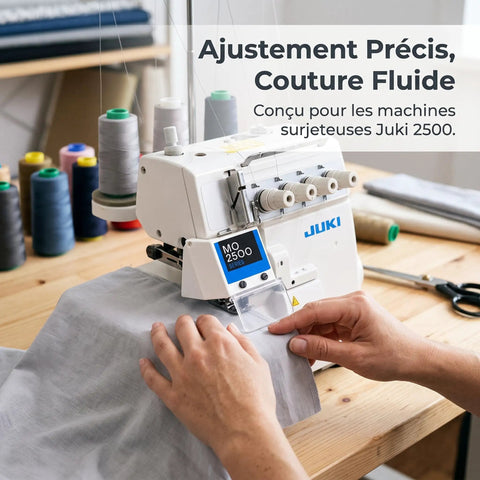 Person sewing with Juki 2500 overlock machine, showcasing Industrial Guard And Eye Shield For Overlock And Buttoning Machines Pro Grade Protection You Can Trust, Compatible With 2500 And 6700 Overlocks And 373 Buttoning Machines, Heavy Duty Metal Frame For Real Rugged Use attached.