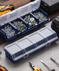 Six Pack Screw Organizer Boxes With Lids, Four Compartments Each, Plastic Stackable Hardware Organizer For Small Parts Sorting, Garage Workbench And Craft Storage, Blue.