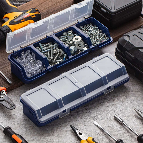 Six Pack Screw Organizer Boxes With Lids, Four Compartments Each, Plastic Stackable Hardware Organizer For Small Parts Sorting, Garage Workbench And Craft Storage, Blue.