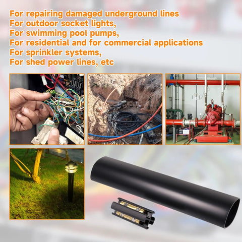 Collage of underground wire splice kit with connectors and heat shrink tubes for direct buried UF cable up to 600V 2 pack for outdoor use