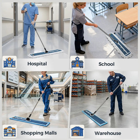 42 Inch Commercial Dust Mop With Extra Wide Flat Head Heavy Duty Swivel Design And Quick Release Handle used in hospital, school, shopping mall, and warehouse.