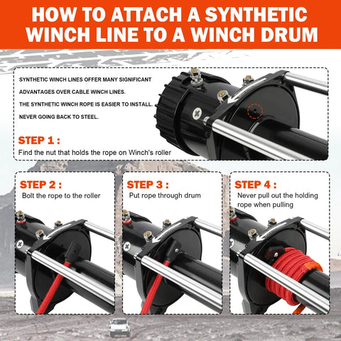 Instructions to attach 3/8 Inch Synthetic Winch Rope 100 Ft Dyneema Heavy Duty Cable to a winch drum