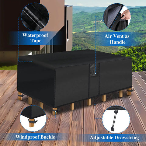 Waterproof Outdoor Coffee Table Cover For 42 Inch Long By 24 Inch Wide By 18 Inch High Rectangular Patio Table Black displayed outdoors on deck