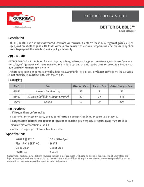 Better Bubble Advanced Leak Detector For HVAC And Plumbing product data sheet with application and packaging details.