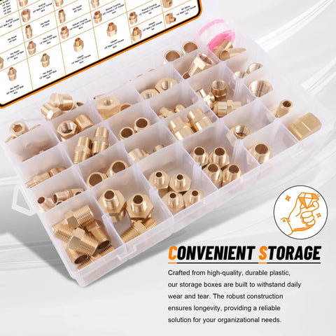 Dazakoot 111Pcs Hose Pipe Fitting Assortment Kit in convenient storage box with brass fittings including hex nipple and plugs.
