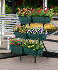 Two Column Vertical Raised Garden Bed With Six Planter Boxes, Heavy Duty Tiered Outdoor Indoor Garden Bed With Drainage Holes And Removable Trays For Flowers Vegetables And Herbs, Sturdy Green installed on patio with flowers