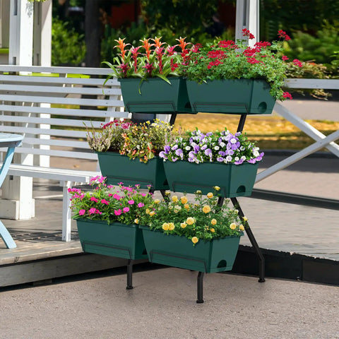 Two Column Vertical Raised Garden Bed With Six Planter Boxes, Heavy Duty Tiered Outdoor Indoor Garden Bed With Drainage Holes And Removable Trays For Flowers Vegetables And Herbs, Sturdy Green installed on patio with flowers