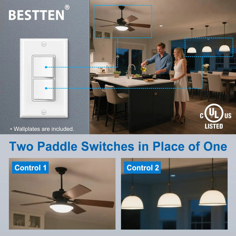 Two Pack Double Rocker Light Switch With Dual Paddle Interrupter, 15A 120V, in kitchen, linked to ceiling fan and lights.