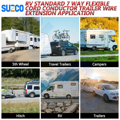 Collage of various towing vehicles and trailers for 60 Foot 7 Way Trailer Wire Harness Kit With 10 2 12 1 14 4 AWG Multi Gauge Color Coded Wires