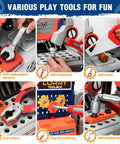 Close-up of tools in the Ultimate Kids Tool Bench Set with Realistic Drill and Power Saw for Tiny Builders Aged 3 to 8.