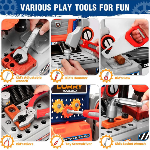 Close-up of tools in the Ultimate Kids Tool Bench Set with Realistic Drill and Power Saw for Tiny Builders Aged 3 to 8.