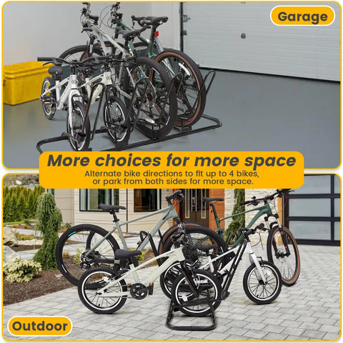 Rock Solid Four Bike Floor Rack With Zero Scratch Guards For Disc Brakes And Derailleurs Upgraded Steel Garage Organizer Holds 12 To 29 Inch Tires Total Indoor Outdoor Storage Flex