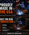American welder working on steel under USA flag, emphasizes quality fabrication, "Proudly Made in the USA" text visible