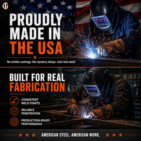 American welder working on steel under USA flag, emphasizes quality fabrication, "Proudly Made in the USA" text visible