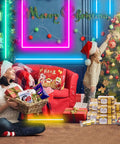 Festive living room with family in Santa hats, decorated Christmas tree, gifts, and neon Merry Christmas sign on the wall.