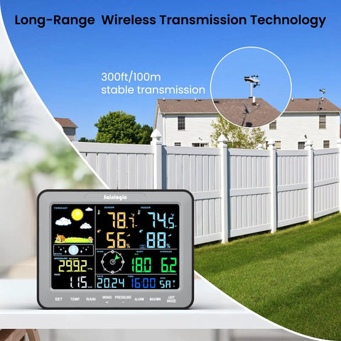 12 In 1 Weather Station With Indoor Outdoor Sensors And Rain Gauge, Temperature And Humidity Monitor, No WiFi, 8 Inch High Contrast Display, Senior Friendly Big Font, Wireless Gray Weather Kit For Home And Garden with sensors and display shown.