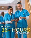 Healthcare workers in scrubs discussing in a hospital, focus on All Day Work Insoles With Massaging Gel For Women One Pair Trim To Fit All Day Comfy Feet Through Long Shifts And Fatigue Relief With Arch Support And Cushioned Comfort.