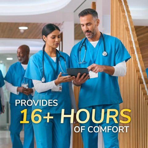 Healthcare workers in scrubs discussing in a hospital, focus on All Day Work Insoles With Massaging Gel For Women One Pair Trim To Fit All Day Comfy Feet Through Long Shifts And Fatigue Relief With Arch Support And Cushioned Comfort.