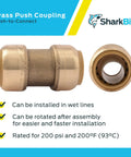 Image of Three Quarter Inch Brass Push To Connect Coupling Kit Pack Of 10 for PEX Copper CPVC PERT HDPE Plumbing Fittings with details.