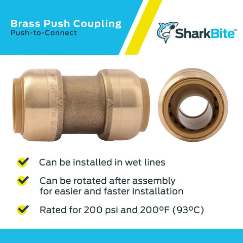 Image of Three Quarter Inch Brass Push To Connect Coupling Kit Pack Of 10 for PEX Copper CPVC PERT HDPE Plumbing Fittings with details.