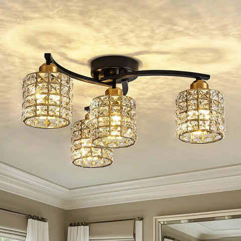 Four Light Crystal Flush Mount Ceiling Light in black and gold with crystal shades, installed in a living room, modern farmhouse style.