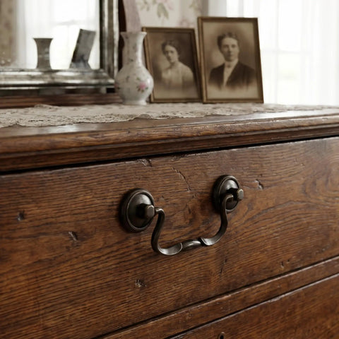 Six Pack Vintage Bail Drawer Pulls With Three And A Quarter Inch Hole Centers in oil rubbed bronze on wooden dresser.
