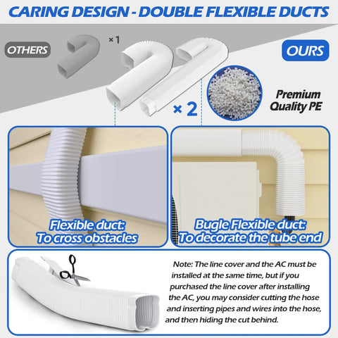 3 Inch 17 Feet Mini Split Line Set Cover Kit Outdoor Waterproof Pipe Cover For Central AC HVAC Weatherproof Decorative Duct Cover Easy Install With Straight And Flexible Ducts Included showing flexible white duct and installation guide