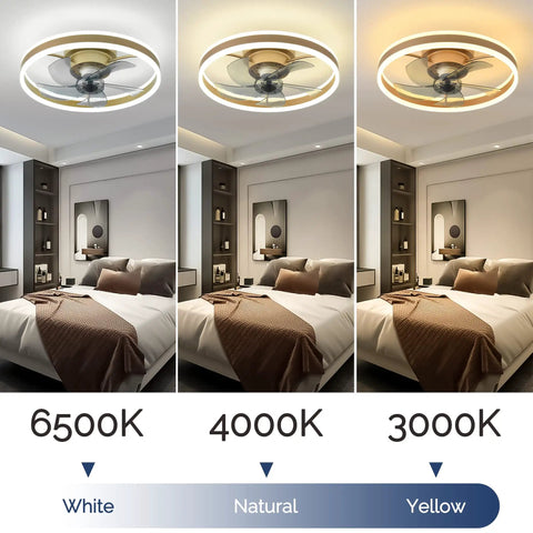 Low Profile Ceiling Fan With Light Gold Finish Modern Flush Mount Enclosed Ceiling Fan 19.7 Inch LED Dimmable 3 Light Colors