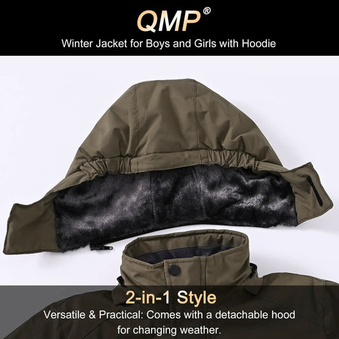 Kids Winter Coat And Snow Suit Waterproof Insulated Softshell Ski Snowboard Jacket With Hood And Zip Pockets Army Green detachable hood