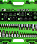 34 Piece Torx Bit Socket Set With Tamper Proof T6 To T70 Security Bits in open green storage case