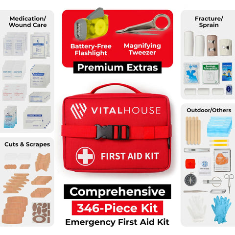 VitalHouse red first aid kit bag with buckle, white cross emblem and FIRST AID KIT label.