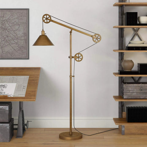 Pulley System Floor Lamp With Ribbed Glass Shade In Blackened Bronze And Clear, Adjustable 70 Inch Tall Lighting in room