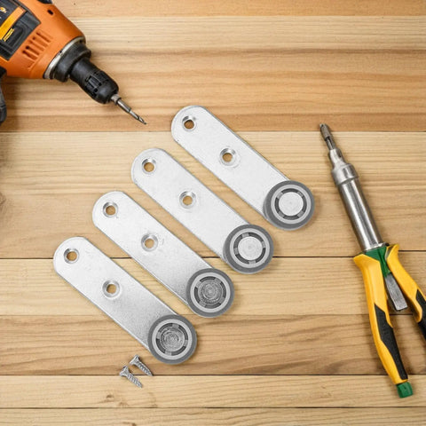 Four Piece One Point Six Inch Rubber Sliding Door Rollers That Glide Smooth As Silk With Precision Bearings Built For Barn Closets And Side Track Wardrobe Systems on wood surface with tools.