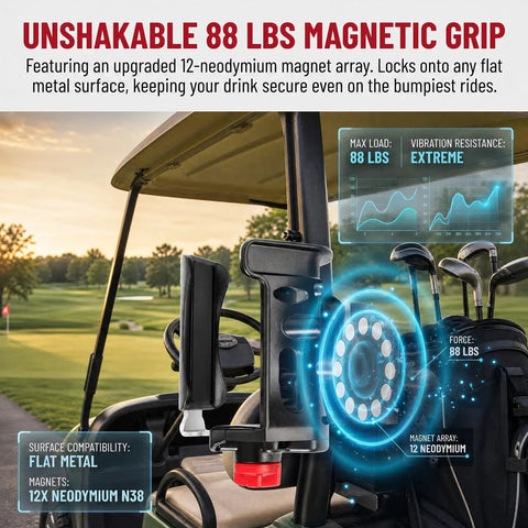 Heavy Duty Magnetic Cup Holder With 88 lb Grip, 12 Neodymium Magnets, Adjustable 2.36 to 3.54 Inch Diameter on golf cart