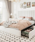 Hella Spacious Full Size Storage Bed Frame With Super Plush Velvet Upholstery And Adjustable Tufted Headboard Plus Four Massive Rolling Drawers For Zero Box Spring Hassle In Crisp White, styled with soft pink bedding.